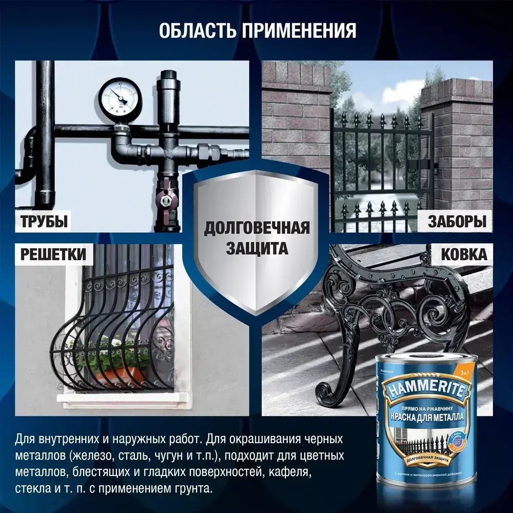 Краска для металла / Грунт-эмаль по ржавчине 3в1 алкидная Hammerite молотковая черный 2,5 л