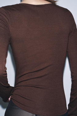 ZARA ФУТБОЛКА С ДЛИННЫМИ РУКАВАМИ, КОРИЧНЕВЫЙ