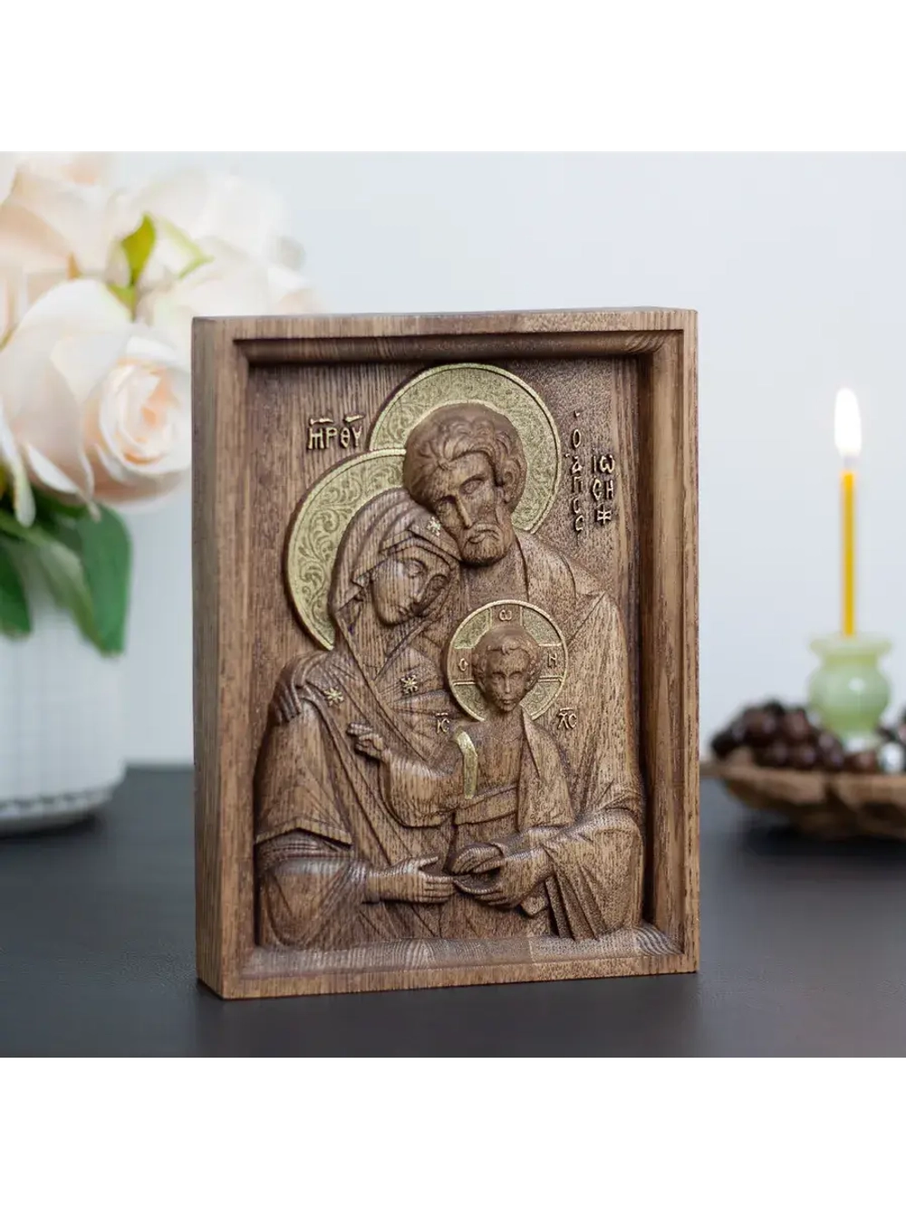 Святое семейство икона деревянная резная, ясень (1)