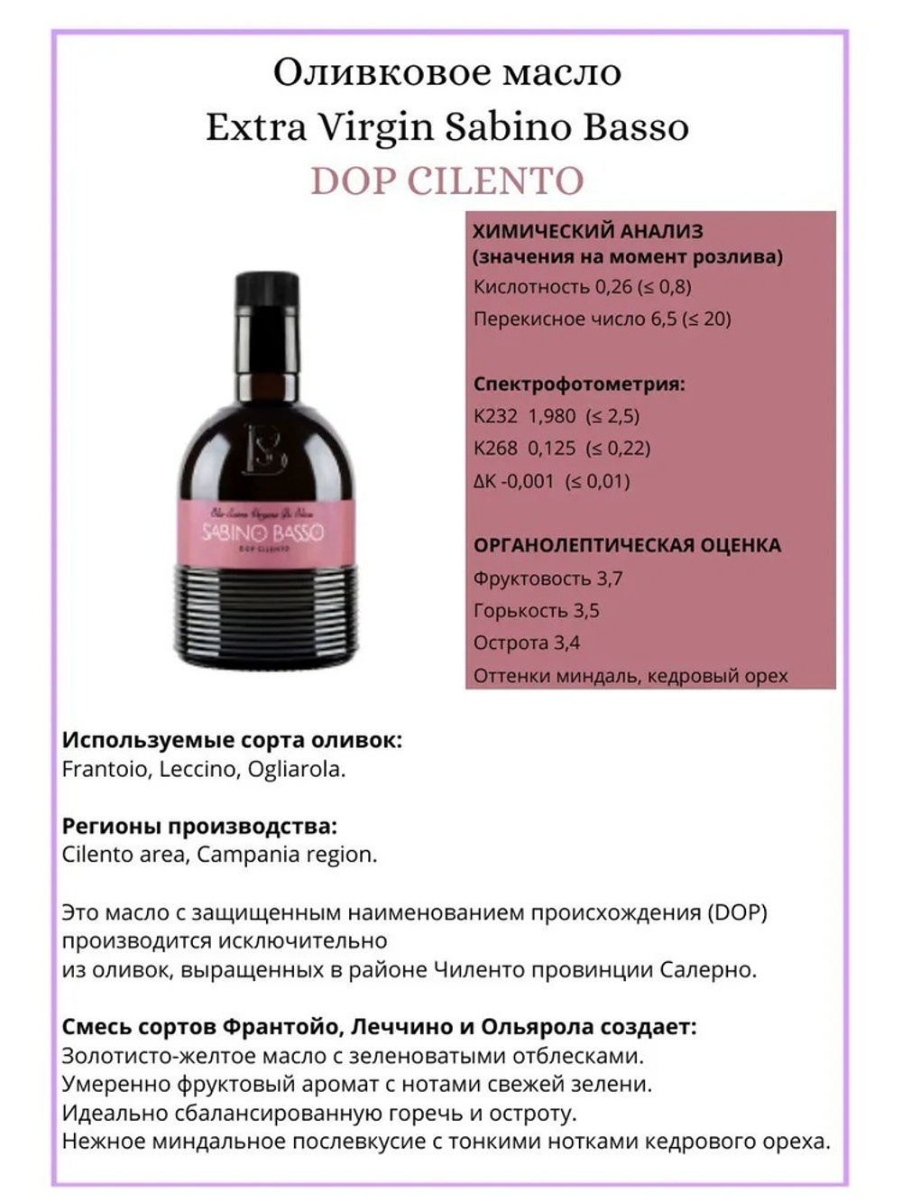 Оливковое Масло Extra Virgin Премиальное 500 мл, Нерафинированное Первого (Холодного) Отжима, из оливок региона Cilento, SABINO BASSO