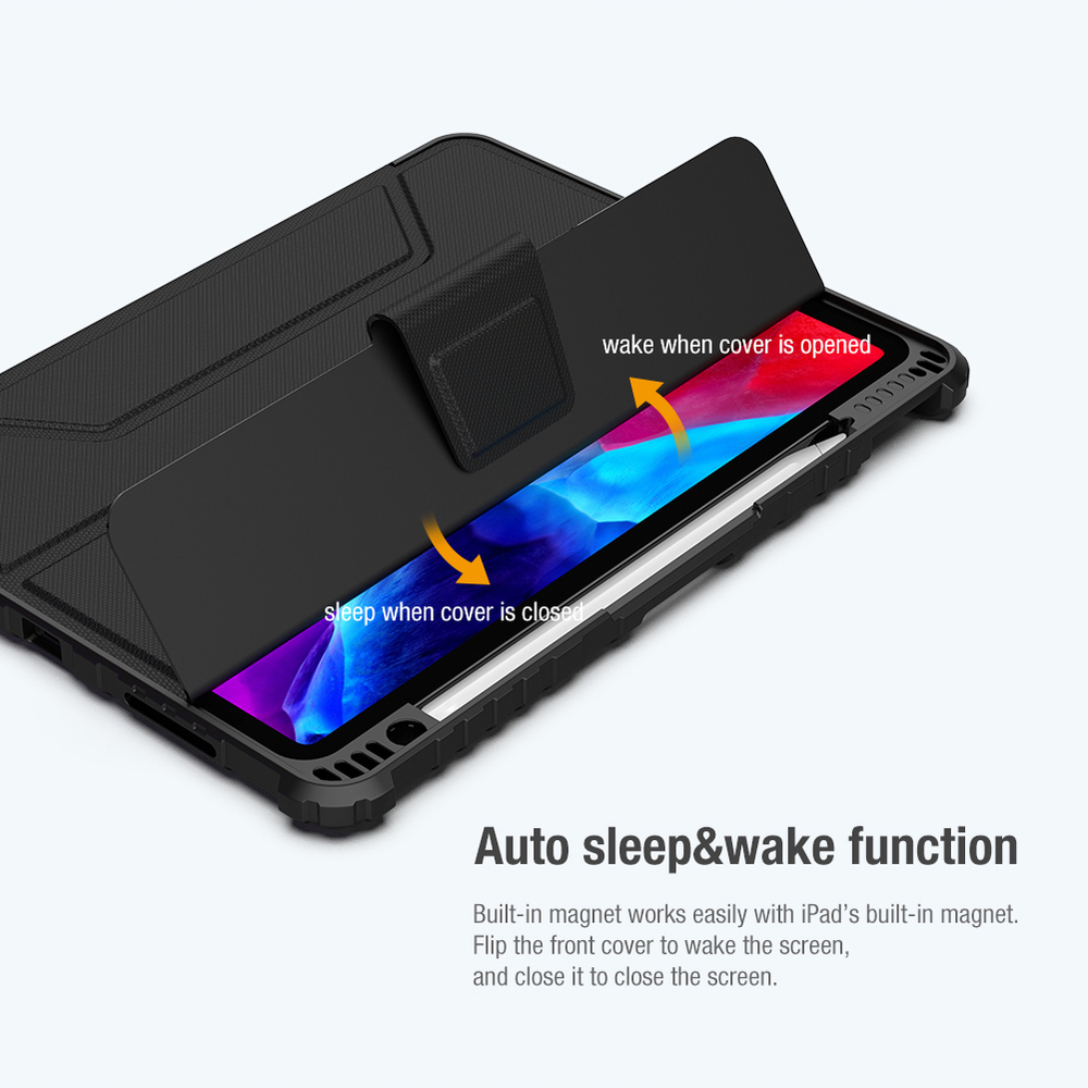 Чехол книжка синего цвета (Sapphire Blue) от Nillkin для iPad Air 11 2024-, 10.9 с 2020-, Air 4, Air 5, Pro 11 2020-, серия Bumper Pro, с защитной шторкой для камеры