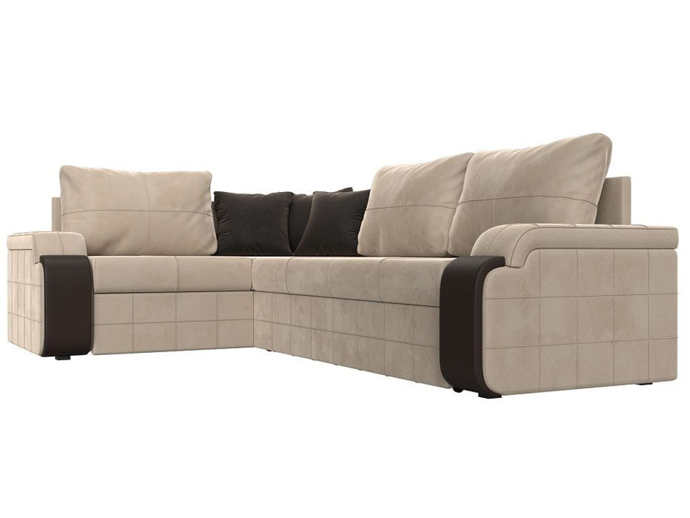 Диван угловой Николь левый угол, Бежевый\Коричневый\Коричневый, Велюр\Экокожа, 102970L