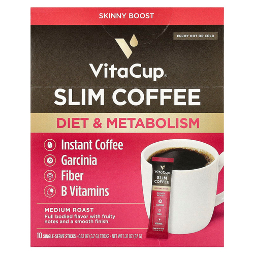 VitaCup, Растворимый кофе Slim, средней обжарки, 10 стиков на одну порцию, 3,7 г (0,13 унции)