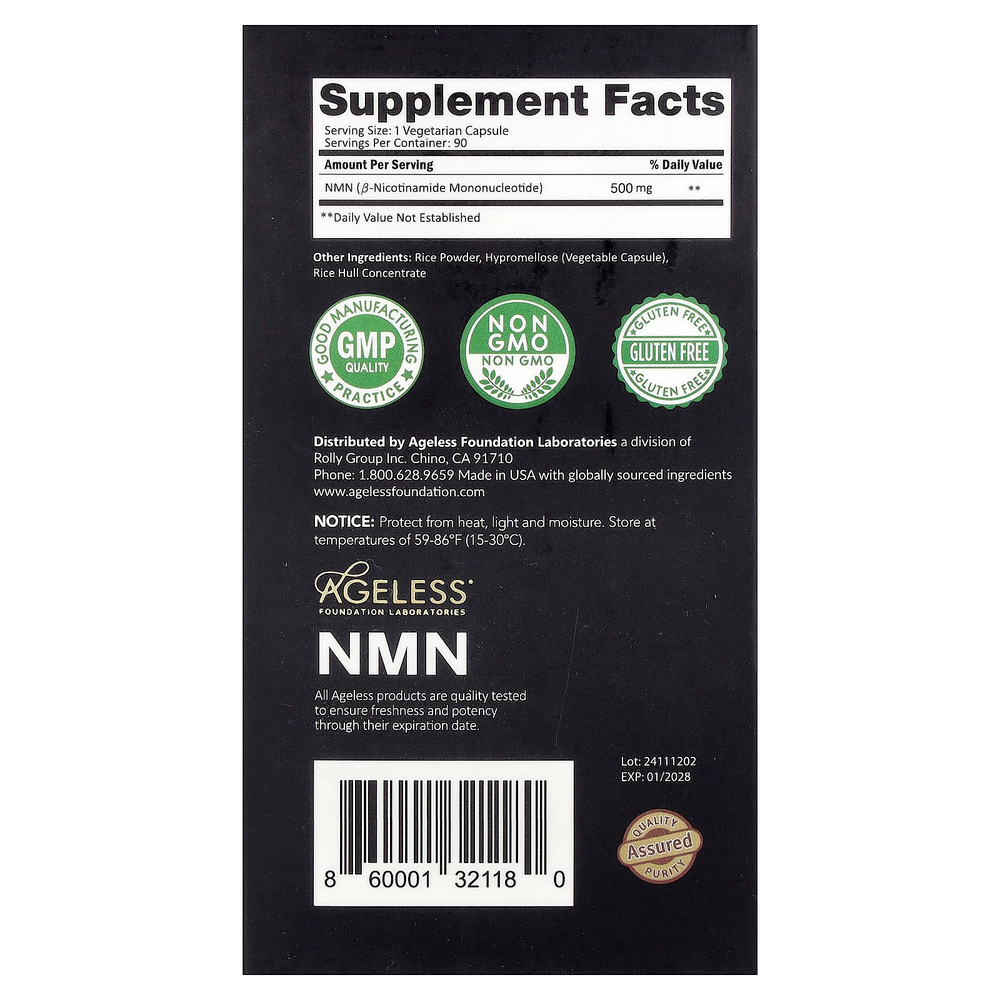 Ageless Foundation Laboratories, NMN, 500 мг, 90 растительных капсул