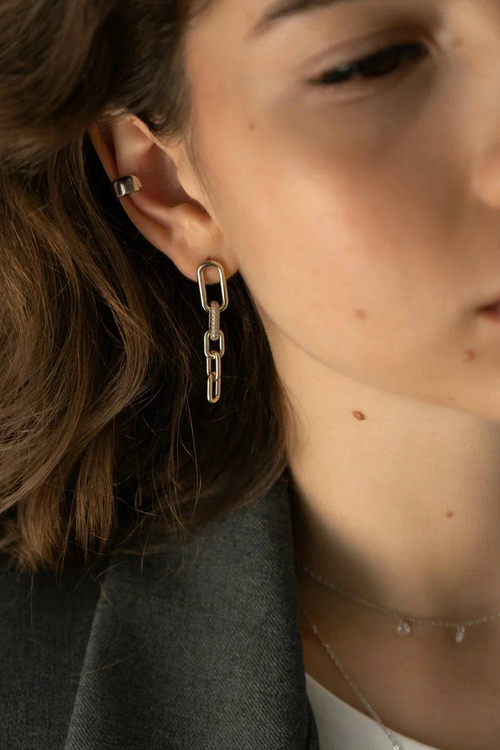 Серьги "Цепи с россыпью фианитов" в золочении