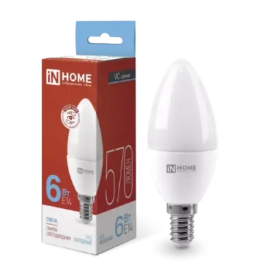 Лампа светодиодная LED-СВЕЧА-VC 6Вт 230В Е14 6500К ХОЛОДНЫЙ 570Лм IN HOME