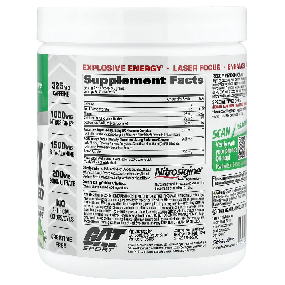 GAT, Sport, NITRAFLEX® Advanced, предтренировочный комплекс, со вкусом зеленого яблока, 285 г (10,1 унции)