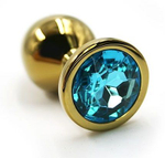 Золотистая алюминиевая анальная пробка с голубым кристаллом - 7 см. (Цвет: голубой)