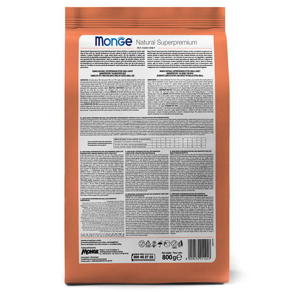Сухой корм для взрослых собак миниатюрных пород с лососем и рисом Monge Dog Speciality Line Monoprotein Extra Small 0,8кг