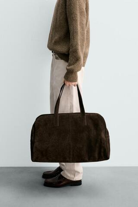 ZARA БОЛЬШАЯ КОЖАНАЯ ДОРОЖНАЯ СУМКА, КОРИЧНЕВЫЙ