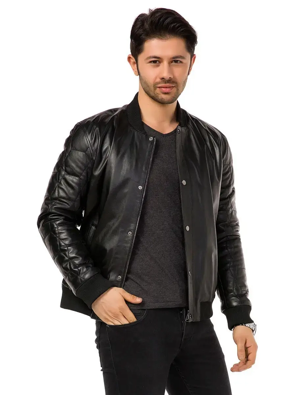 Мужская  куртка  из натуральной кожи - бомбер кожаный