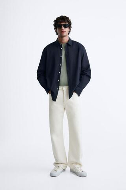 ZARA РУБАШКА ИЗ РЕЛЬЕФНОГО ХЛОПКА, МОРСКОЙ СИНИЙ