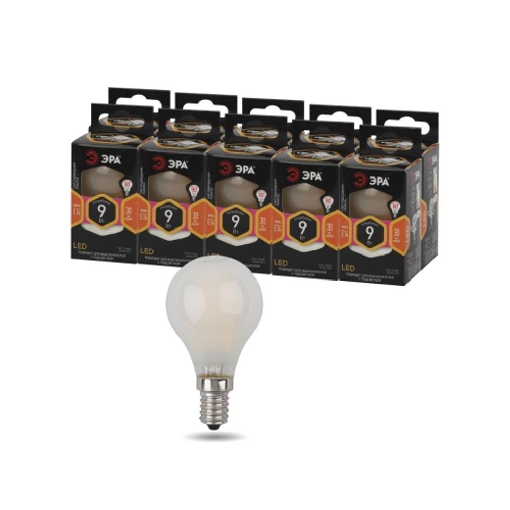 Лампочка светодиодная ЭРА F-LED P45-9w-827-E14 frost E14 / Е14 9Вт филамент шар матовый теплый белый свет