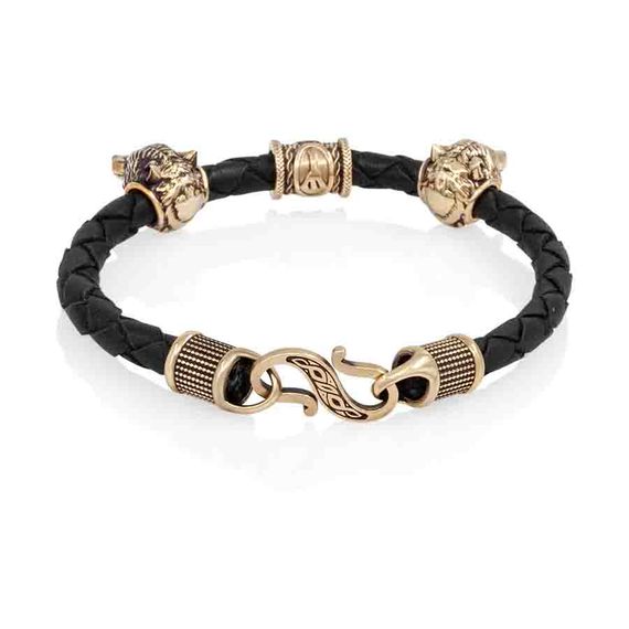 Браслет гайтан черный 5 мм с руной Альгиз и двумя шармами Волк Бронза, фото 2