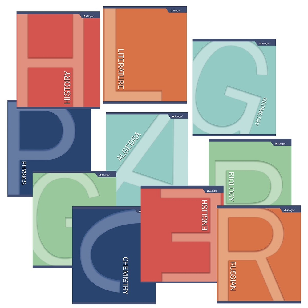 Комплект предметных тетрадей А5 36л., 10 предметов, со справочным материалом, скрепка, мелованный картон (эконом), блок офсет, Alingar "Letters"