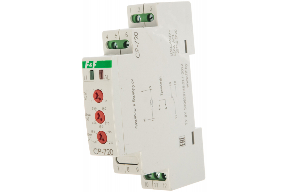 Реле контроля напряжения CP-720 1-фазное 150-450В AC 16А 1NO/NC IP20