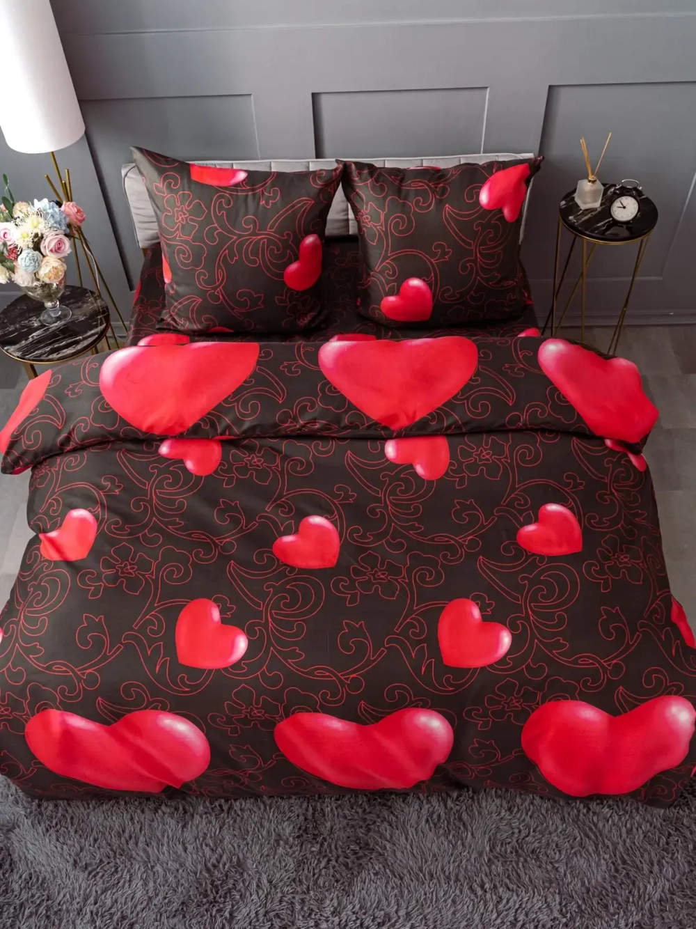 Постельное белье Евро полисатин Павлайн Красные сердца на черном 7643-06