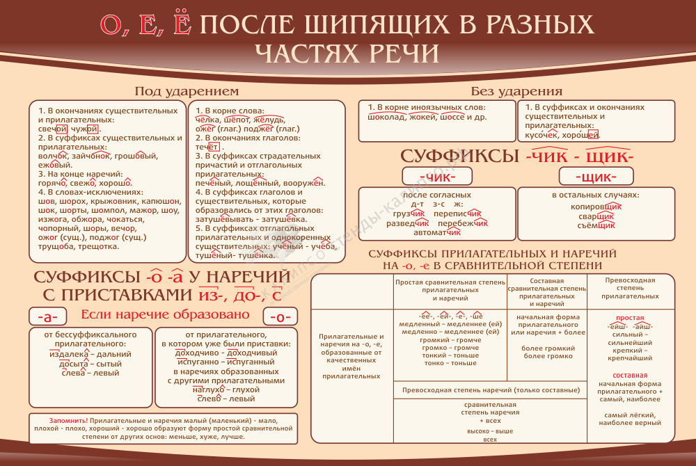 Стенд &quot;О Е Ё после шипящих в разных частях речи&quot;