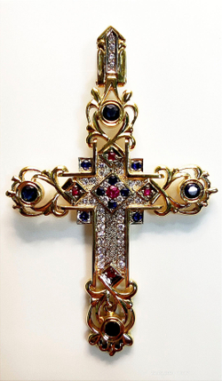 Крест Эстерелла золото 585, рубин, сапфир, бриллиант