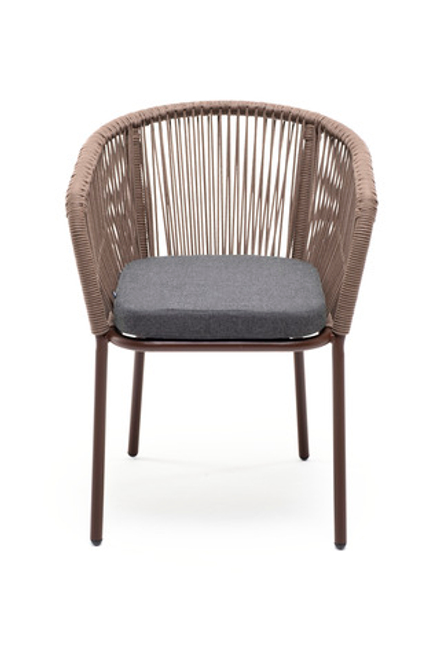 "Марсель" стул плетеный из роупа, каркас алюминий коричневый (RAL8016) муар, роуп коричневый круглый, ткань темно-серая 027