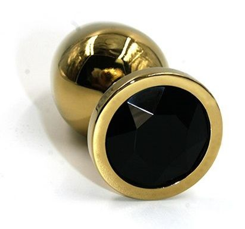 Золотистая алюминиевая анальная пробка с чёрным кристаллом - 7 см. (Цвет: черный)
