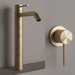 Смеситель для раковины Gessi316, высокий, с длинным изливом, без донного клапана, цвет Brass Brushed PVD