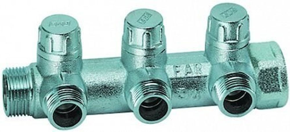 Запорный коллектор 1&quot; (ВР-НР) с 3 отв. 3/4&quot; НР (межосев. 45 мм)