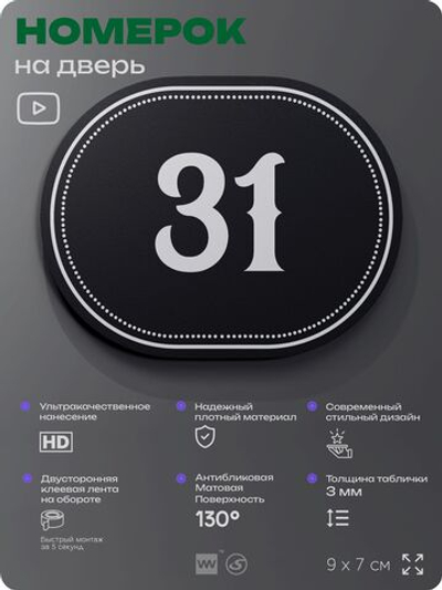 Номерок на дверь квартиры 31, для кабинета, офиса, шильдик 9 х 7 см, черный, Айдентика Технолоджи