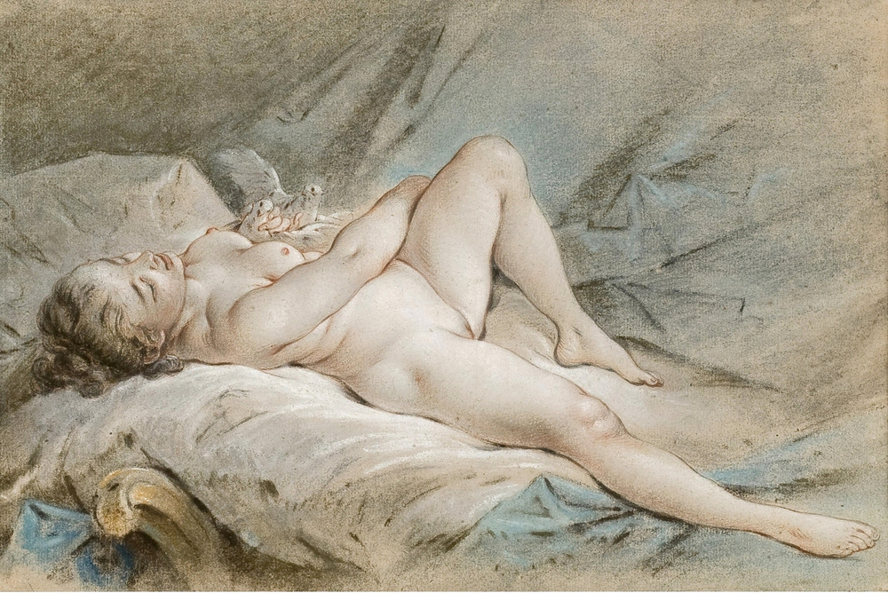 Франсуа Буше. Венера, играющая с двумя голубями (Venus jouant avec deux colombes). 28,8 x 44. Бумага. уголь, сангина и пастель. Частное собрание.