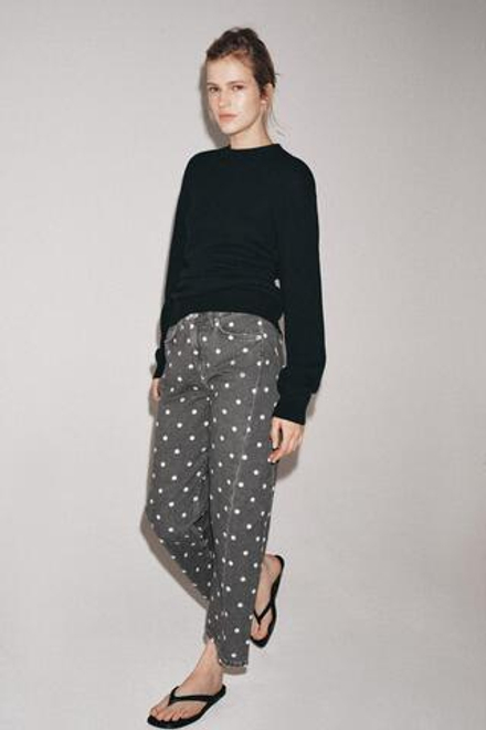 ZARA ДЖИНСЫ ZW COLLECTION ANKLE RELAXED СО СРЕДНЕЙ ПОСАДКОЙ И ГОРОШКОМ, ЖЕМЧУЖНО-СЕРЫЙ