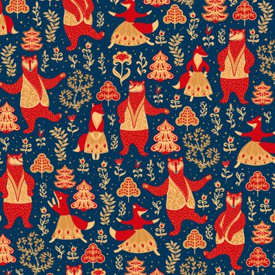 Танцующие медведи и лисички на синем фоне. (Дизайнер Irina Skaska)