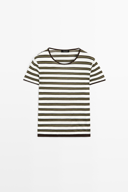 Massimo Dutti Хлопковая футболка в полоску с короткими рукавами, хаки