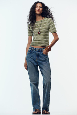 ZARA ТРИКОТАЖНЫЙ ТОП С КОРОТКИМИ РУКАВАМИ, ЗЕЛЕНЫЙ/ЭКРЮ