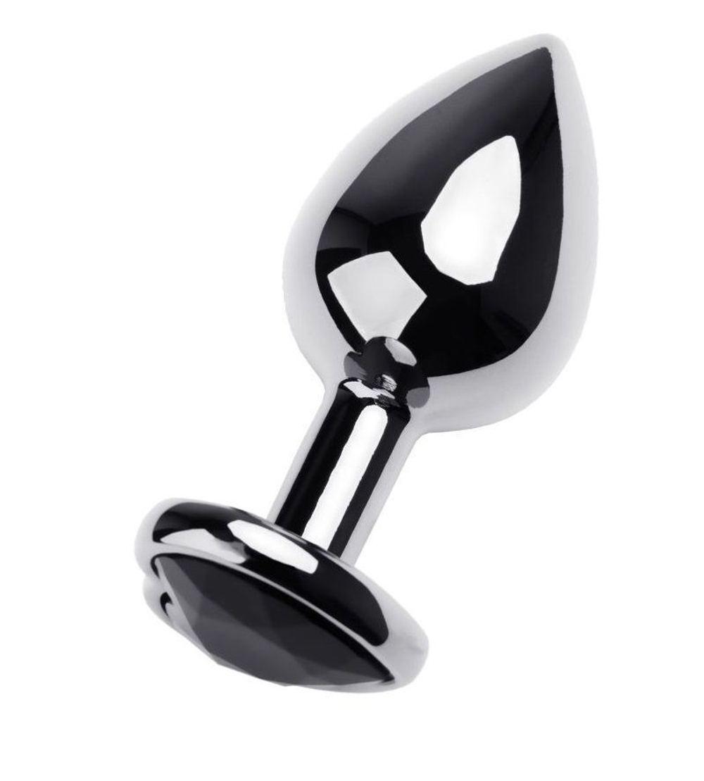 Серебристая анальная втулка с чёрным стразом-сердцем - 9,5 см. (Цвет: черный)