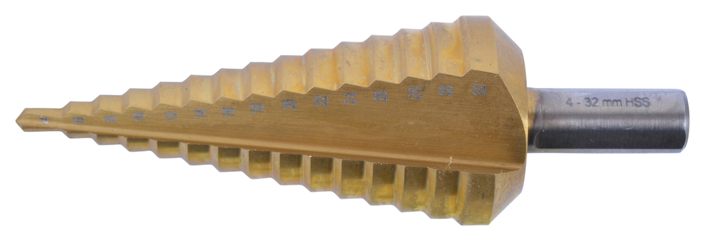 Сверло ступенчатое HSS-TiN с прямым желобком, 4-32x102, 6 мм Makita D-40135 Металл Конусное HSS TinСтупенчатое 4 - 32 мм Шаг 2 мм Хвостовик 3 гранный