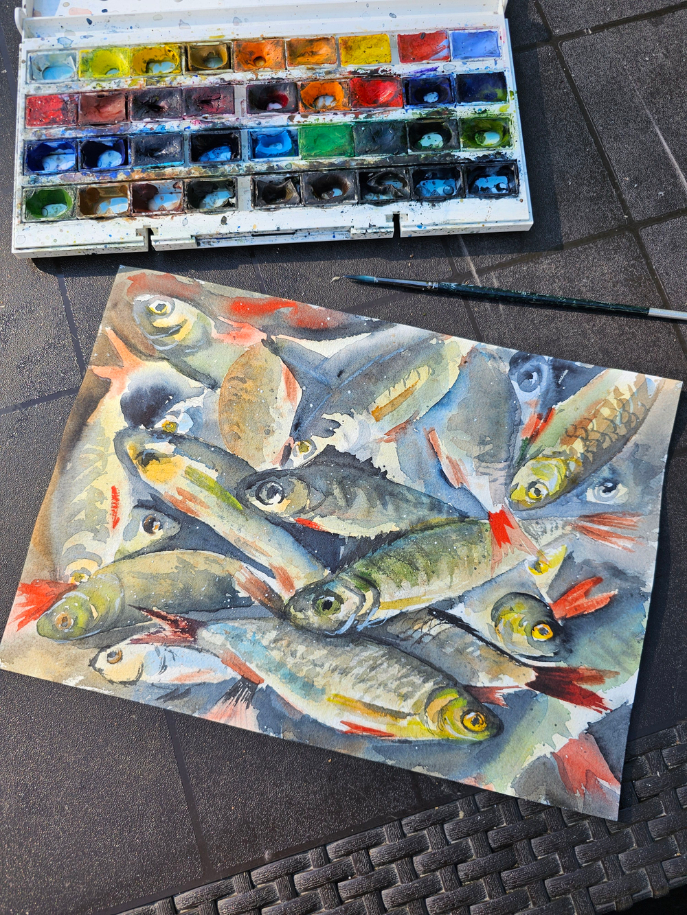 Картина авторская акварельная в паспарту 30х40 см на стену для интерьера "Ладожский улов"