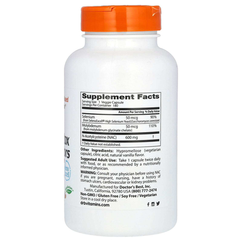 Doctor's Best, NAC для регуляции процесса детоксикации, 180 вегетарианских капсул