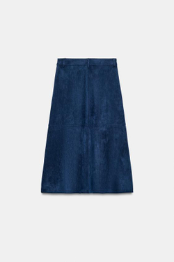 ZARA ЮБКА-КЛЁШ ИЗ ИСКУССТВЕННОЙ ЗАМШИ, ВЫЦВЕТШИЙ СИНИЙ