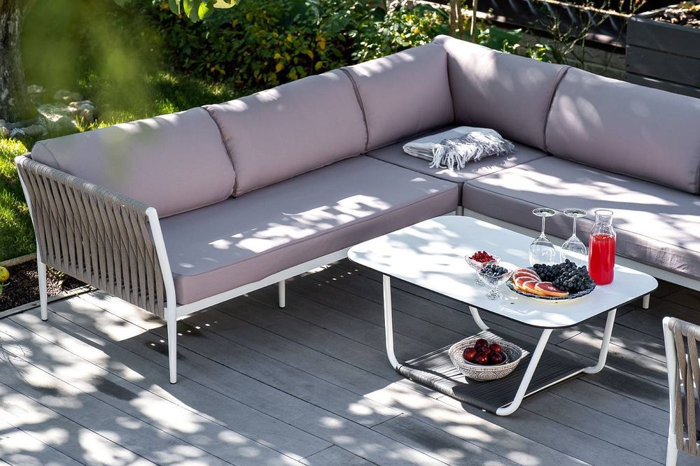 "Касабланка" диван модульный плетеный из роупа, каркас алюминий, роуп серо-коричневый 23мм, ткань бежевая 052