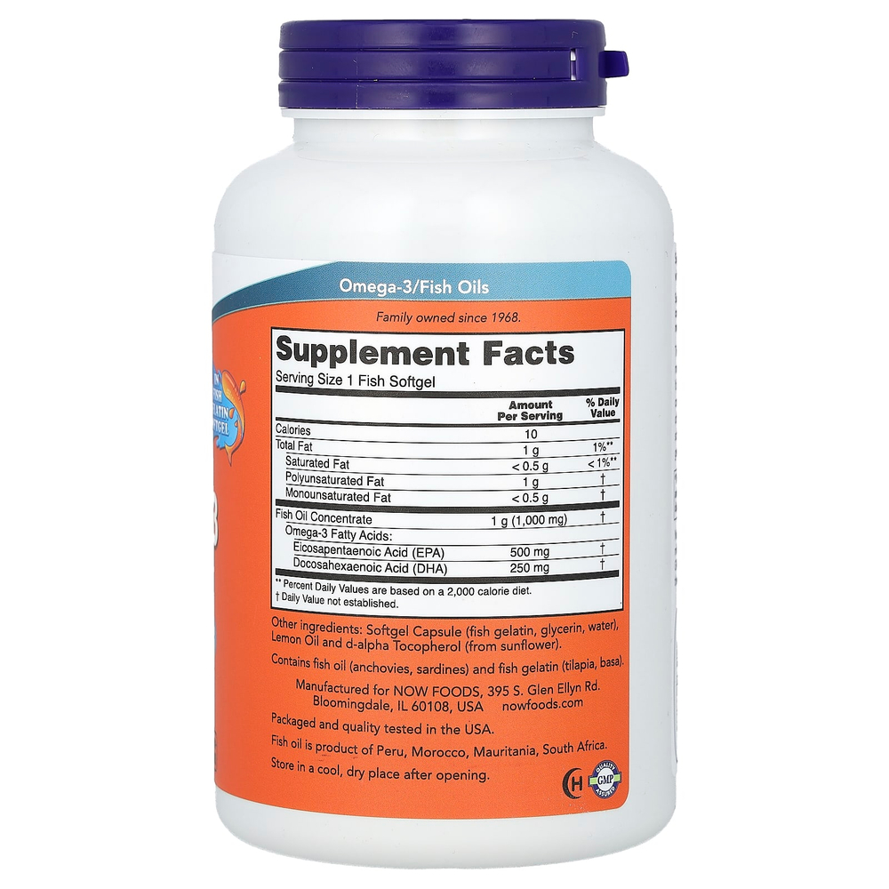 NOW Foods, ультра омега-3, 500 ЭПК / 250 ДГК, 180 мягких таблеток из рыбьего желатина