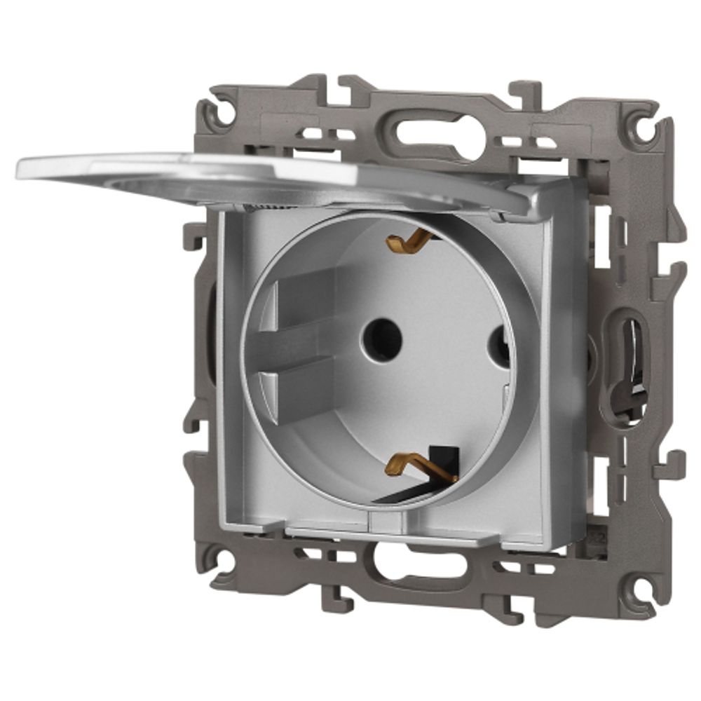 14-2103-03 ЭРА Розетка 2P+E Schuko со шторками с крышкой, 16A-250В, IP20, Эра Elegance, алюминий | Elegance Алюминий