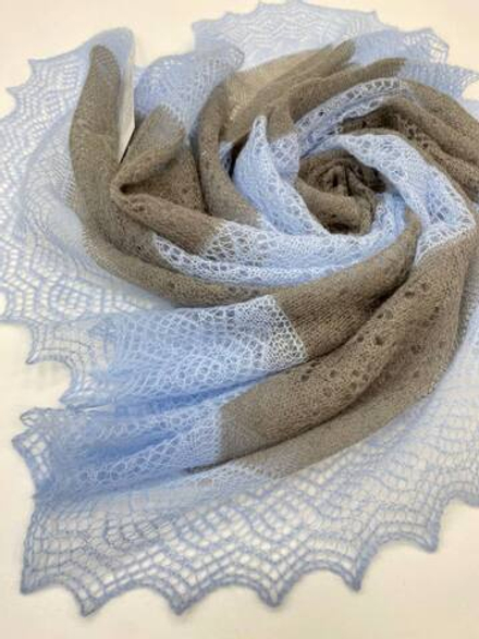 Оренбургский пуховый платок-паутинка АИ100-04/03 голубой/серый