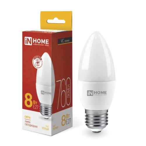 Лампа светодиодная LED-СВЕЧА-VC 8Вт 230В Е27 3000К ТЕПЛЫЙ 760Лм IN HOME