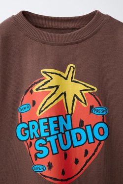 ZARA ФУТБОЛКА С ПРИНТОМ КЛУБНИКИ, ШОКОЛАДНЫЙ