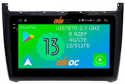 Магнитола для Volkswagen Polo 2009-2020 (черный) - Airoc 2K AU-3704 на Android 13, TS20, 12/512Гб, SIM-слот