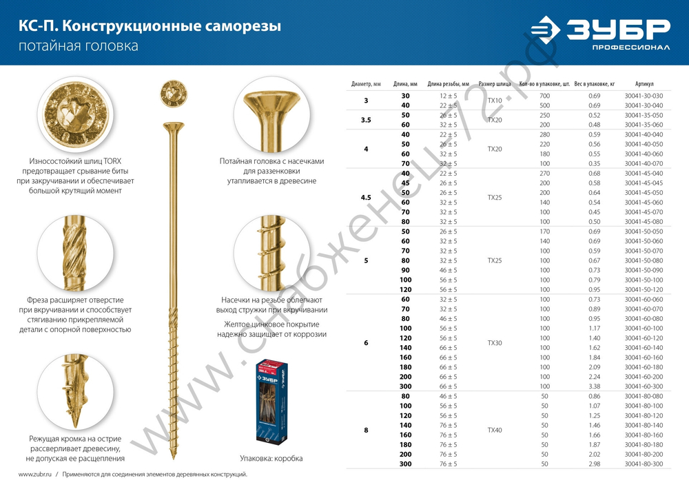 ЗУБР КС-П 300 х 6.0 мм, TX30, потай, конструкционный саморез, желтый цинк, 100 шт (30041-60-300)