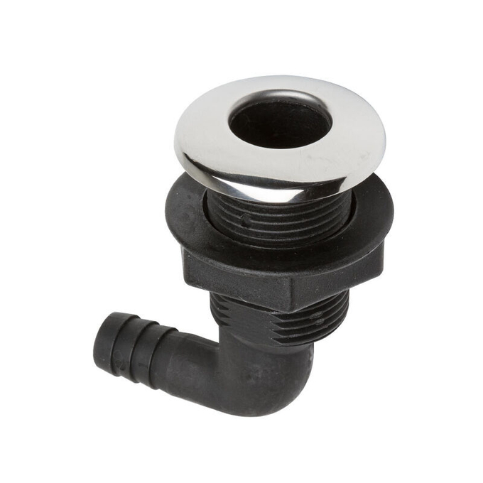 Разъем водосброса угловой пластиковый с крышкой из нержавеющей стали под шланг 19 мм, черный