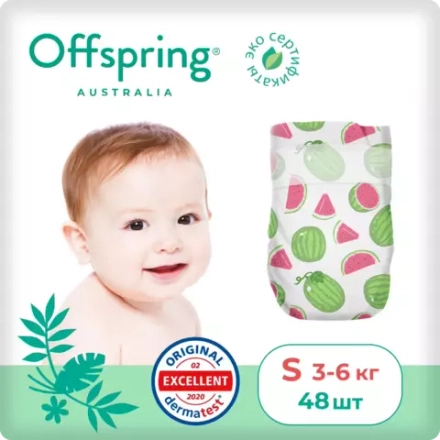 Offspring подгузники, S 3-6 кг. 48 шт. расцветка Арбузы