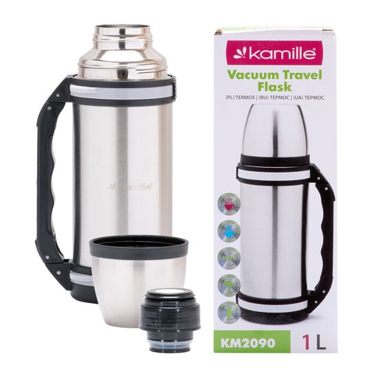 Термос 1000 мл. из нержавеющей стали с ручкой и ремешком Kamille KM-2090