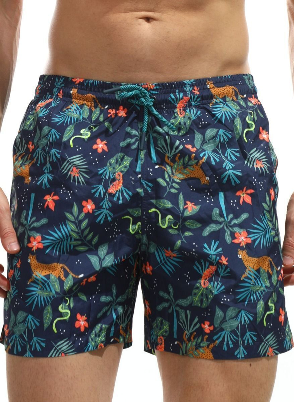 Синие пляжные шорты с принтом в виде джунглей (Размер: M) (Цвет: синий)
